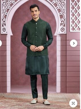 Forest Green Silk Sequins Waistcoat/ Bandi Kurta Set